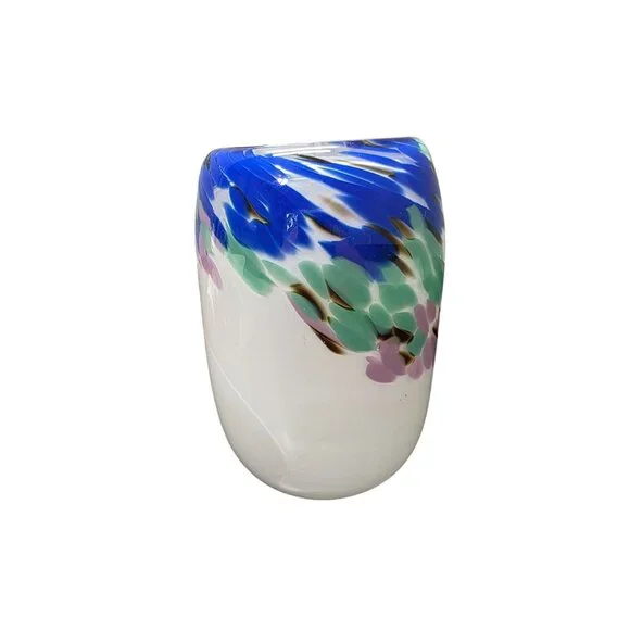 Hand Blown Vintage Art Glass Blue Swirl Glass Vase Signed Jon Silverman 7”